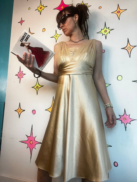 Vintage 90s Gold Glitter Satin Metallic Glam Midi Dress Cocktail Party Dress M