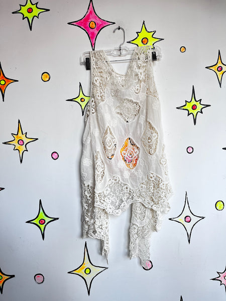 Vintage White Crochet Long Vest ' Boho Western Duster Fairy Grunge Lace Layer SM