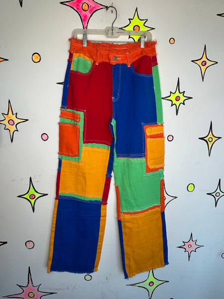 Rainbow Denim Wide Leg Patchwork Pants Y2K Boho Grunge Statement Jeans M/L