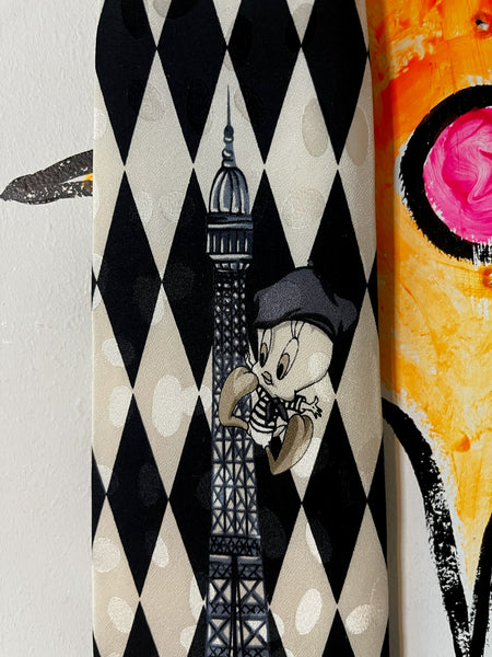 Vintage 90s Looney Tunes Paris Silk Tie – Black & White Harlequin Print Necktie