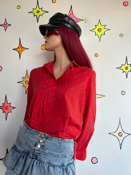 Cherry Red Retro Secretary Blouse Rainbow Polka Dots Pride Academia Kawaii L