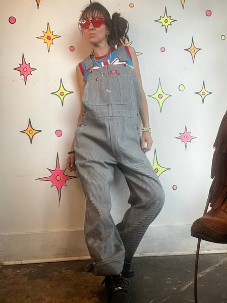 Vintage Dickies Railroad Pinstripe 38x30 Denim Bib Overalls Workwear Grunge XL