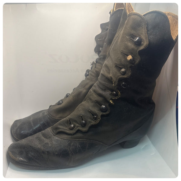 Antique Edwardian Black Leather Button Boots – Early 1900s Victorian | 5–5.5