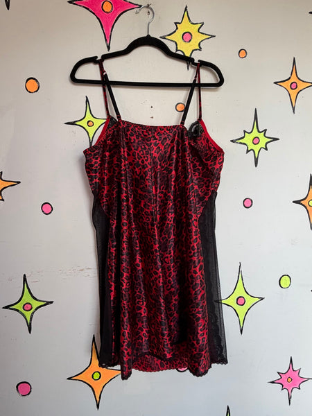 Plus Size Red Leopard Satin Slip Dress Vamp Boudoir Lingerie Y2K Glam Size 22 24