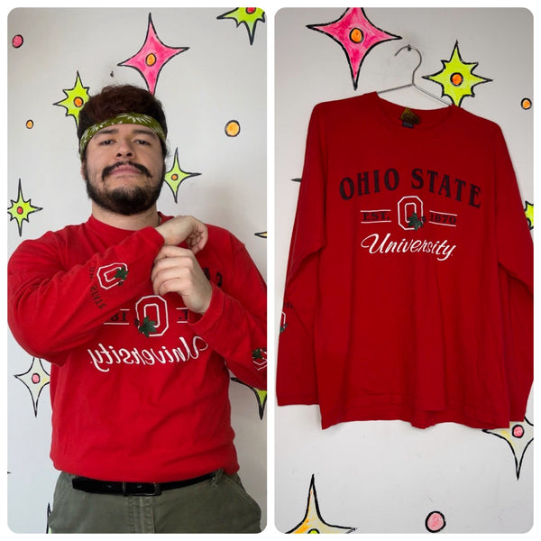 Ohio State University Red Long Sleeve Shirt Collegiate Academia Sporty Grunge - L