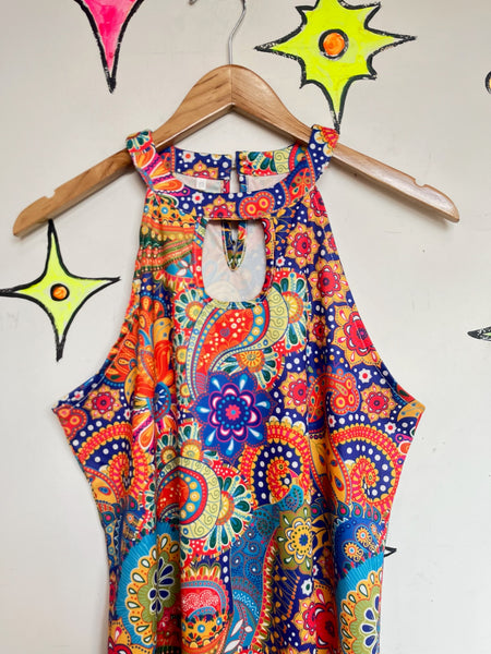 Retro 60s 70s Mod GoGo Psychedelic Rainbow Paisley Mini Party Dress - M/L