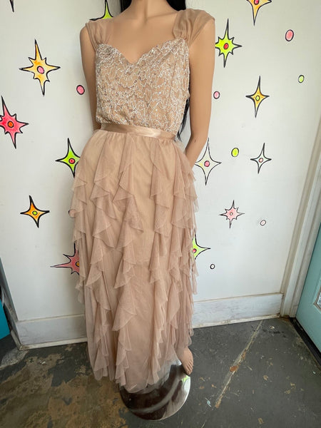 Y2K Lace Rhinestone Formal Dress Chiffon Tiered Ruffle Maxi Fairy Grunge Prom M