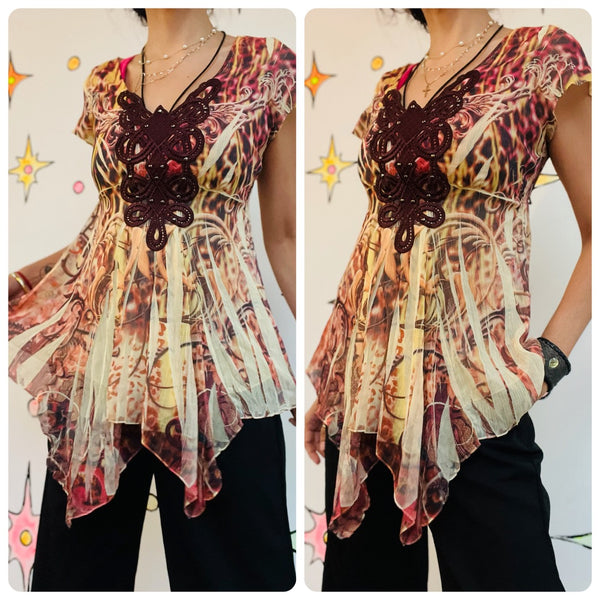 Vintage Y2K Affliction-Style Boho Grunge Fairy Tattoo Tee Crochet Embellished S