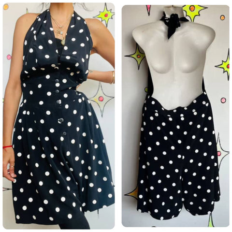 80s Does 50s Black & White Polka Dot Halter Romper Dress Rockabilly Pinup - L/XL