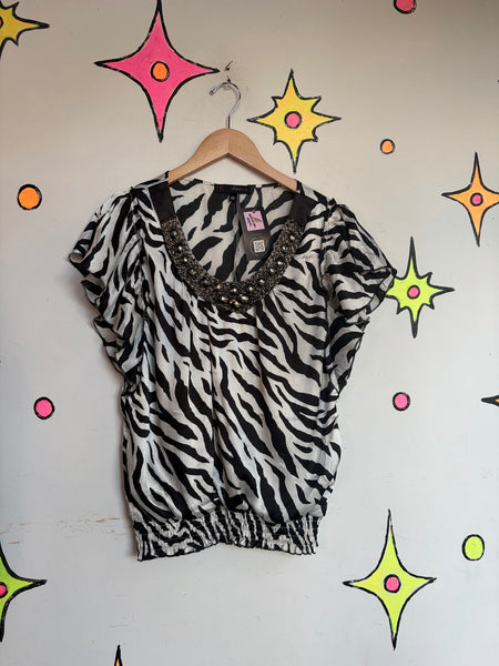 Y2K Zebra Print Bubble Hem Top McBling Glam Animal Print Party Blouse M