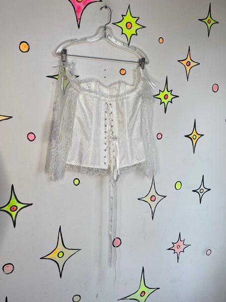 White Lace Corset Top | Fairy Grunge Medieval Balletcore Coquette Blouse – M