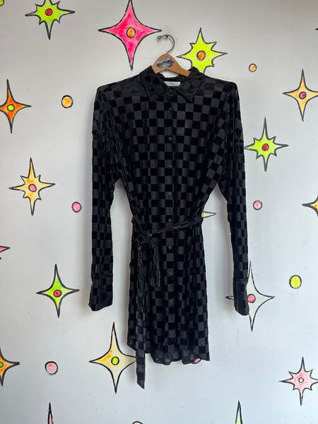 Vintage 90s | Sheer Black Checkered Velvet Burnout Goth Shirt Dress | Size L