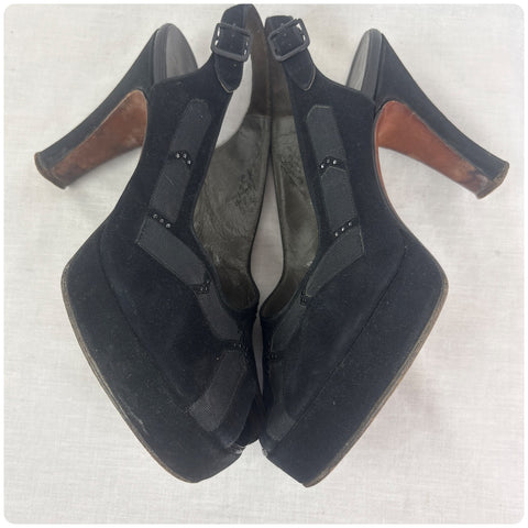Vintage 1940s Black Suede Embellished Peeptoe Platform Cha Cha Heels - 7 - 7.5