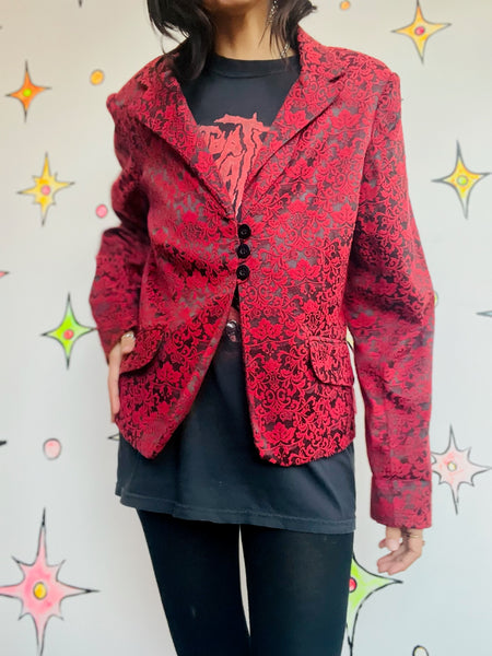 Y2K Red Baroque Damask Jacket Whimsy Goth Vampire Gothic Punk Statement Blazer L