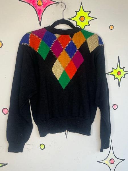 Rainbow Harlequin Cardigan Clowncore Sweater Beaded Deep V Button Front S/M