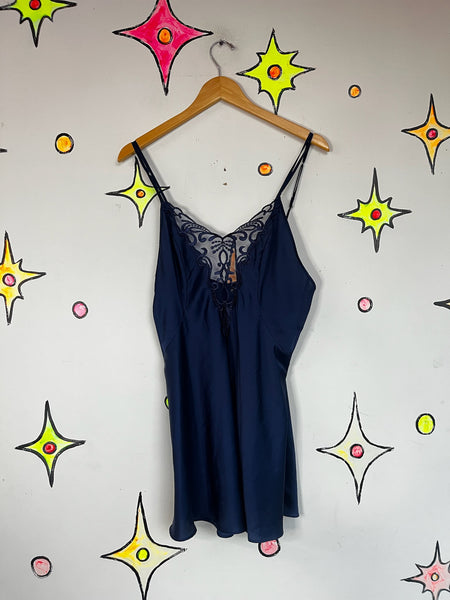 Vintage 90s Y2K Navy Satin Lace Fairy Grunge Slip Lingerie Mini Dress – Lace S