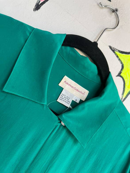 Vintage 80s 90s Emerald Green 100% Silk Blouse | Classic Luxe Shirt | M (8)