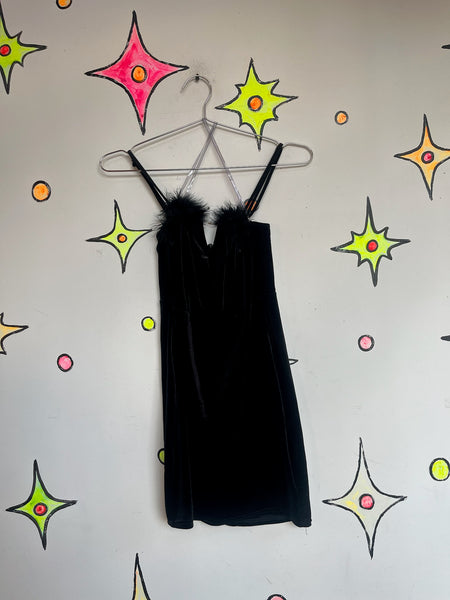 Vintage 90s Black Velvet Fairy Grunge Goth Feather Trim Mini Slip Party Dress M