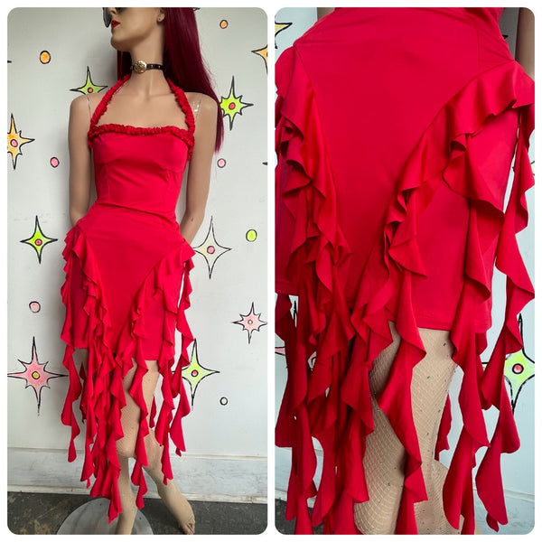 Cherry Red Frilly Asymmetrical Handkerchief Hem Dress Siren Glam Fairycore S