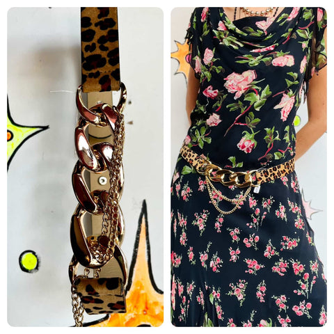 Vegan Leopard Print Belt with Gold Chains - Adjustable Punk Boho Glam Belt - 39"