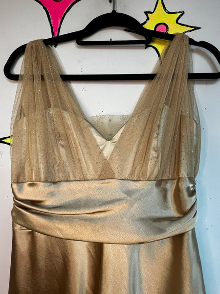 Vintage 90s Gold Glitter Satin Metallic Glam Midi Dress Cocktail Party Dress M