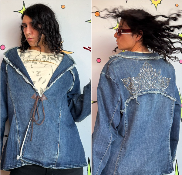 Studded Denim Western Blazer | Frayed Cowgirl Rodeo Jacket Oversized XL