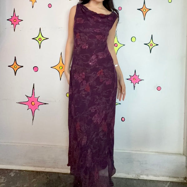 90s Purple Fairy Grunge Cowl Neck Midi Dress Ethereal Romantic Gown - M