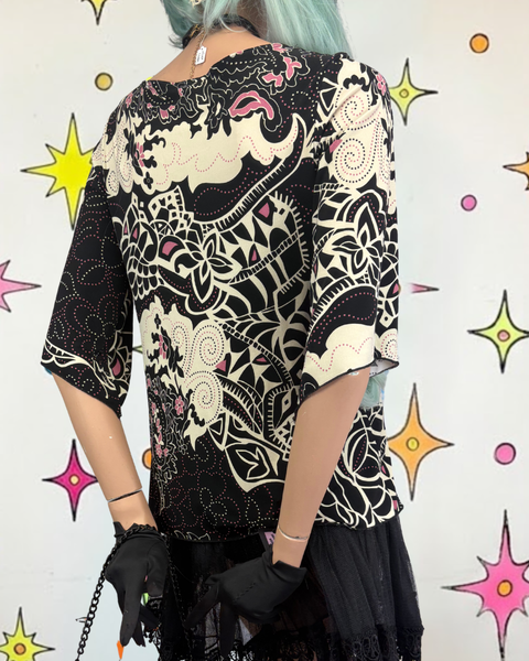 Y2K Studio Tattoo Print Bell Sleeve Stretchy Top Fairy Grunge Whimsy Goth M
