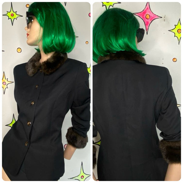 Vintage 90s Black Blazer Vegan Fur Trim Positive Attitude Office Siren Glam - M