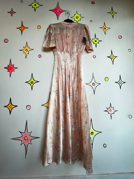 Antique Early 1900s Pink Silk Floral Robe - Rococo Victorian Loungewear - Small