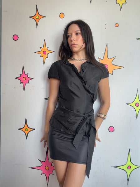 90s Anne Taylor Silk Wrap Blouse Quiet Luxury Office Siren Satin Ruffle Top M