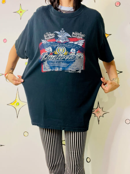Vintage 90s Budweiser Grunge Novelty Graphic T-Shirt Black Retro Beer Tee | L
