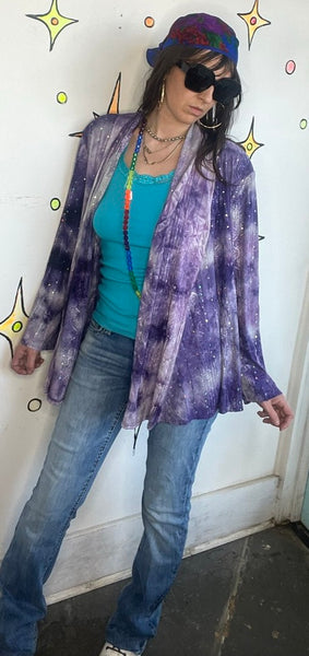 Y2K Purple Bling Tie Dye Duster Open Flowing Fairy Grunge Sparkly Cardigan L/XL