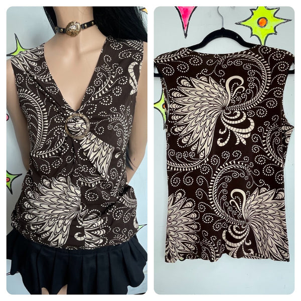 Y2K Paisley Stretch Top 90s Abstract Art Print Earth Tone Boho Fairy Blouse M