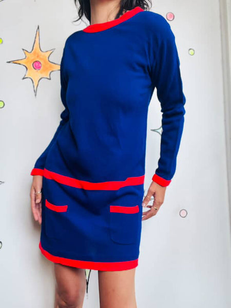 Vintage 60s MOD Space Age Navy Blue Mini Dress w/ Red Stripe – Medium / Large