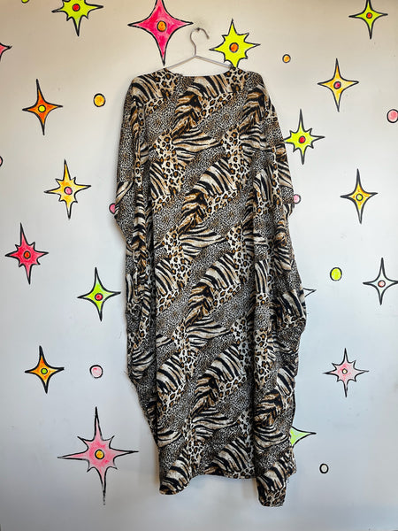 Vintage Y2K Boho Grunge Kaftan – Animal Print Mumu – Patchwork Festival Dress