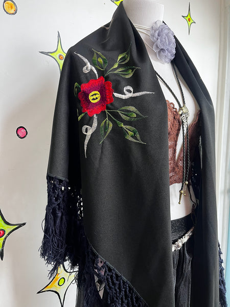 Witchy Black Western Boho Piano Shawl Scarf ' Fringe Red Floral Embroidery