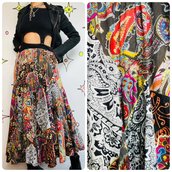 90s Y2K Rainbow Cotton Paisley Patchwork Fairy Boho Grunge Tiered Maxi Skirt | M