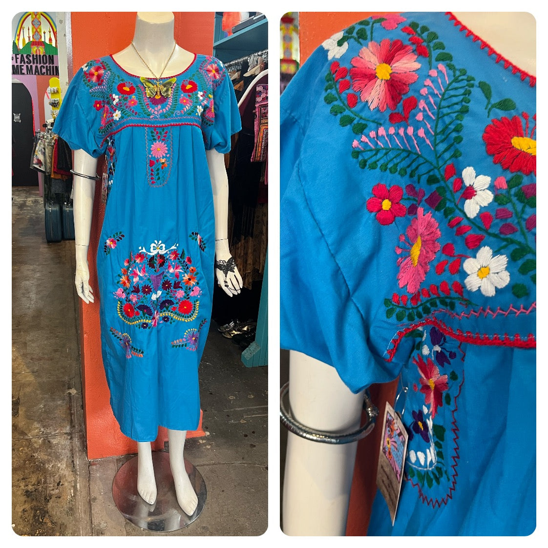 Vintage 60s 70s | Blue Boho Oaxacan Mexican Hand Embroidered Festival Dress