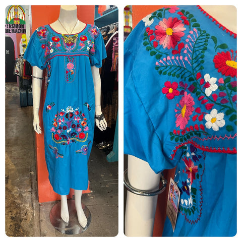 Vintage 60s 70s | Blue Boho Oaxacan Mexican Hand Embroidered Festival Dress