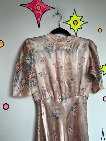 Antique Early 1900s Pink Silk Floral Robe - Rococo Victorian Loungewear - Small