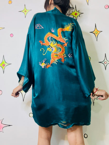 Vintage Teal Silk Embroidered Kimono Robe | Dragon Motif Grunge Lounge Wear | M