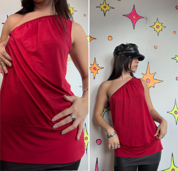 Y2K Red Asymmetrical Top | Indie Sleaze Fairy Grunge Going Out Stretch Blouse L