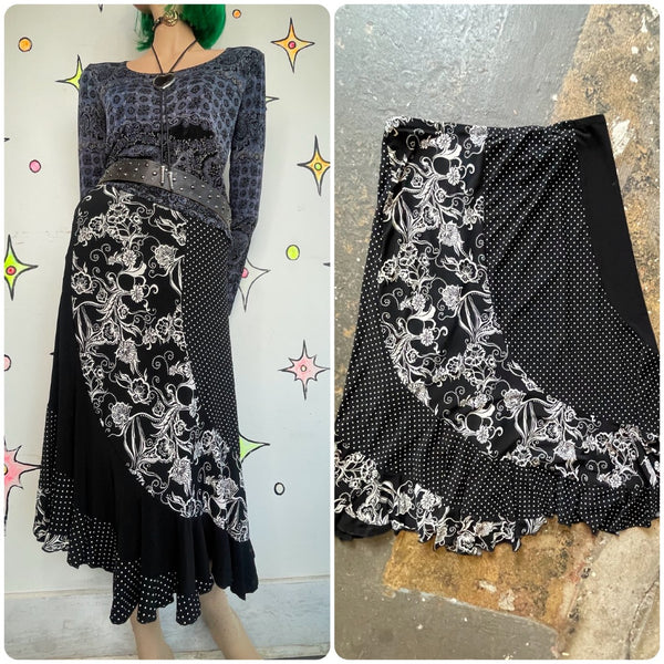 90s Black and White Polka Dot Scarf Print Ruffled Midi Skirt Whimsigoth Goth L