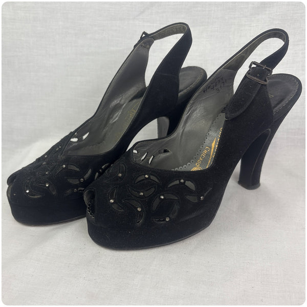 1940s Black Peep Toe Sling Back Suede Platform Pumps - Cha Cha Heels - 6 -6.5