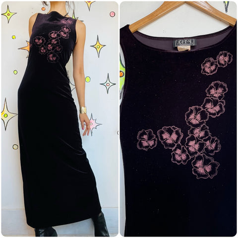 Vintage 90s Plum Velvet Maxi Dress w Glitter – Fairy Grunge Goth Y2K Gown M