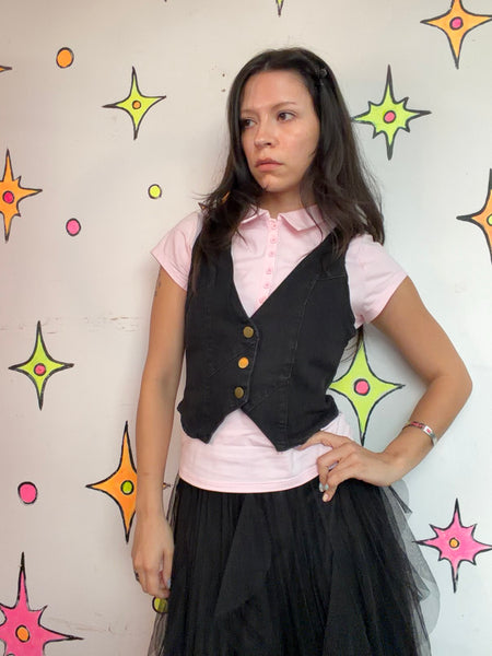 Y2K Black Denim Tailored Vest Indie Sleaze Mall Goth Academia Cropped M