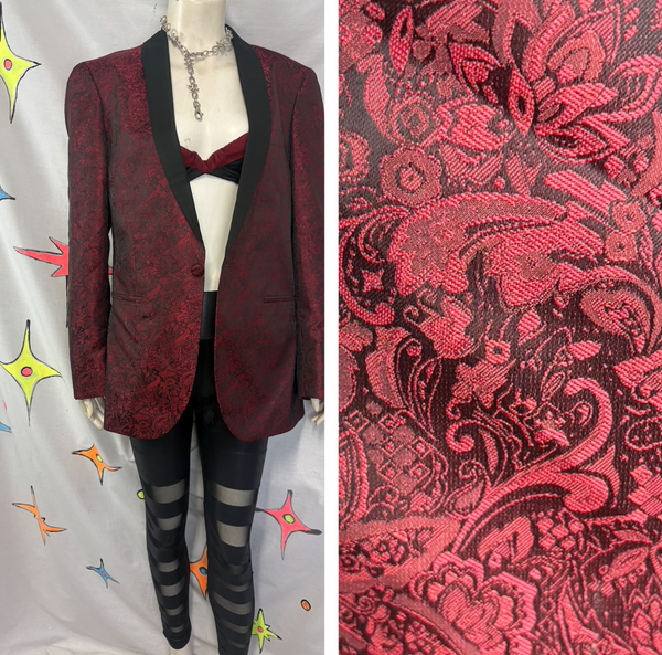 Red & Black Baroque Goth Smoking Jacket Slim Fit Party Blazer Tuxedo 38-40