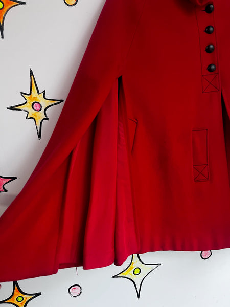 Vintage 60s Cherry Red Cape Coat | Heavy Warm Wool Feel Cloak | Mod Swing Cape