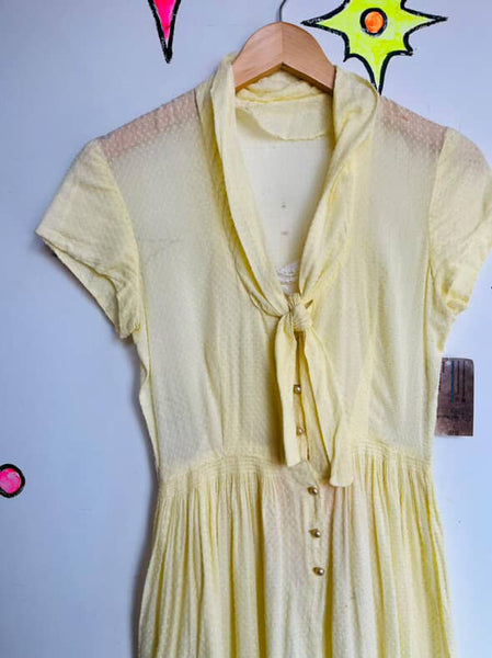 Vintage 1950s Pastel Yellow Fit & Flare Day Dress - Semi-Sheer - Size Small